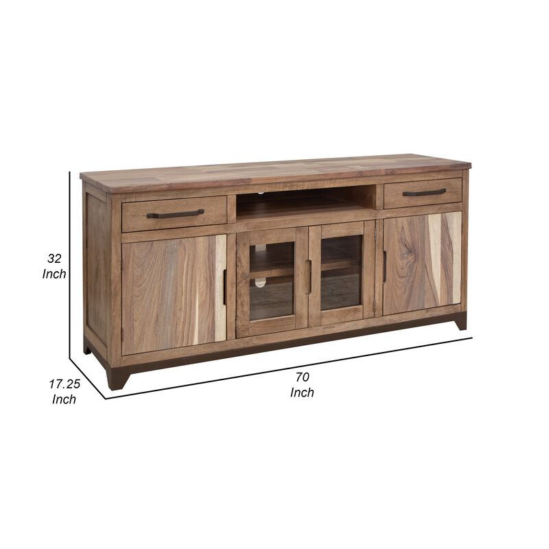 Umey 70 Inch TV Entertainment Console, 2 Drawers, Shelves, Wood, Brown - Benzara