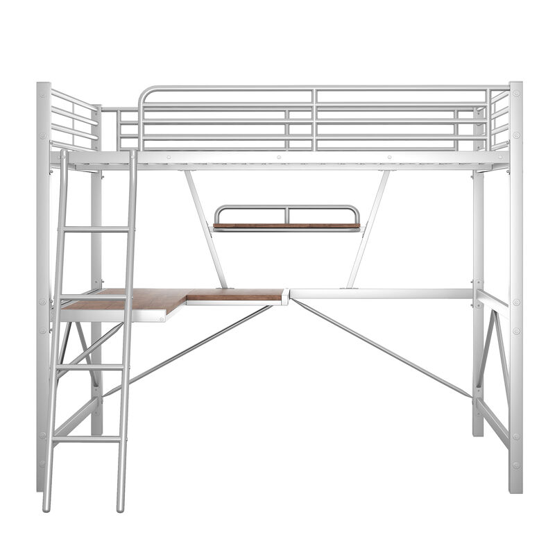 Whisen Modern Full Size Metal Loft Bed with Built-in Desk, Shelf and Ladder - Silver