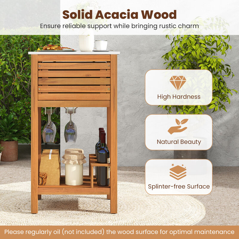 Patio Bar Table Storage Cabinet with Acacia Wood Frame and Faux Marble Top-Natural image number 7
