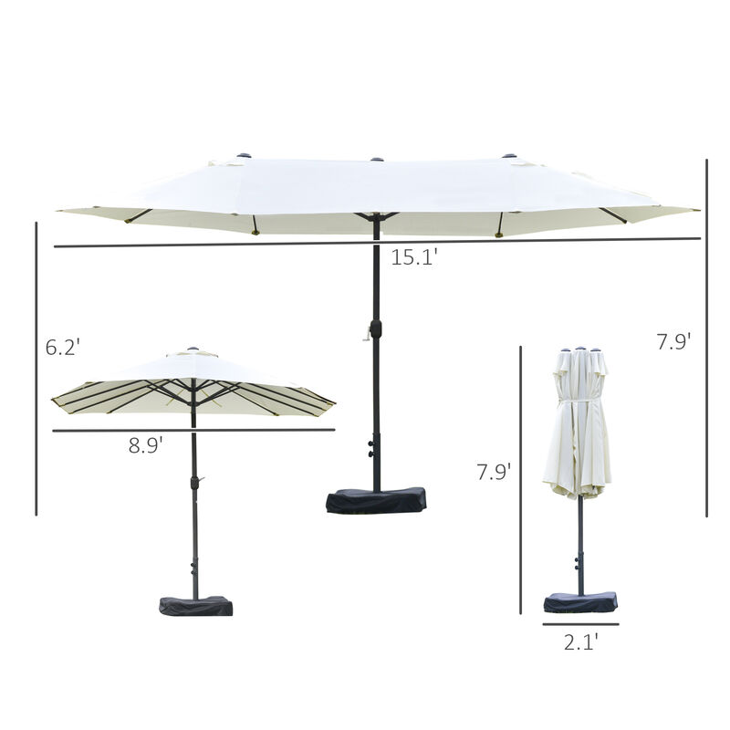 Outsunny Patio Umbrella 15' Steel Rectangular Outdoor Double Sided Market with base, Sun Protection & Easy Crank for Deck Pool Patio, Beige
