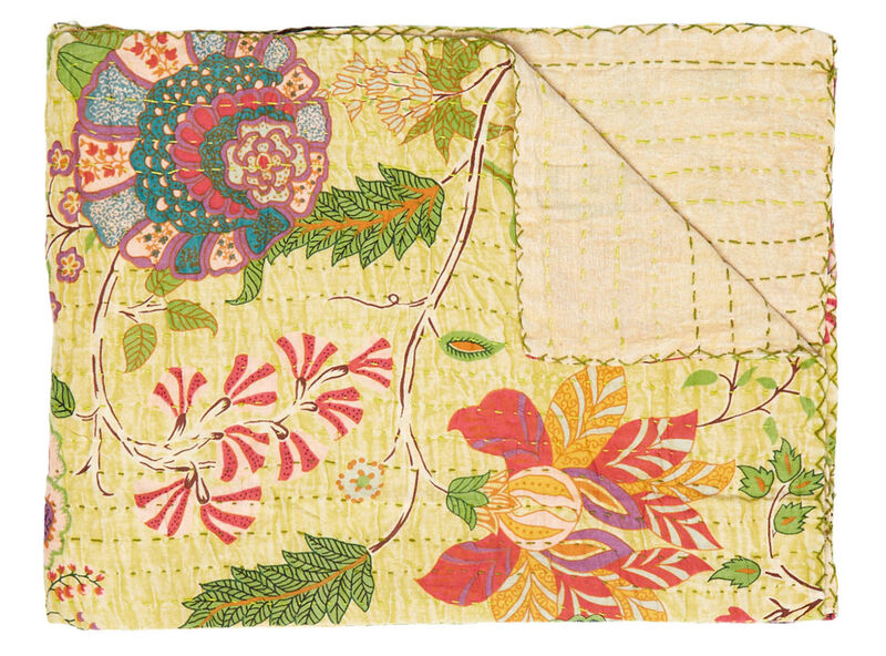 HomeRoots 50" X 70" Yellow And Pink Floral Cotton Quilted Kantha Throw Blanket with Embroidery image number 0