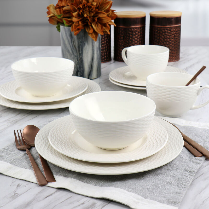 Martha Stewart Fine Ceramic 16 Piece Textured Dinnerware Set in White