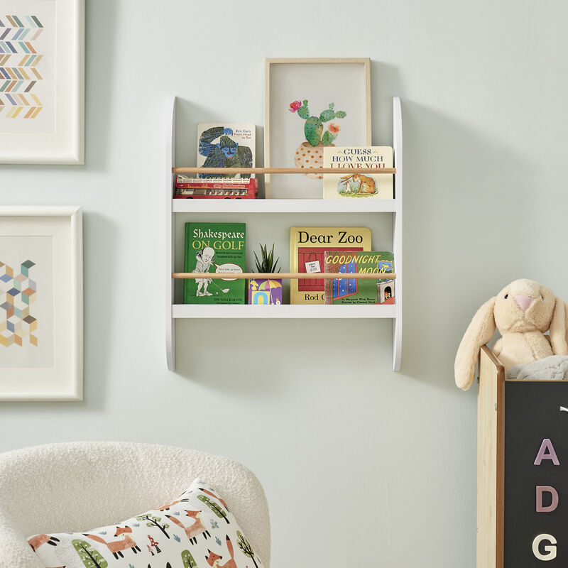 Steiner White Rounded Contemporary 2-Tier Kids Book or Magazine Storage Wall-Mount Bookcase with Contrasting Wood-toned Rods
