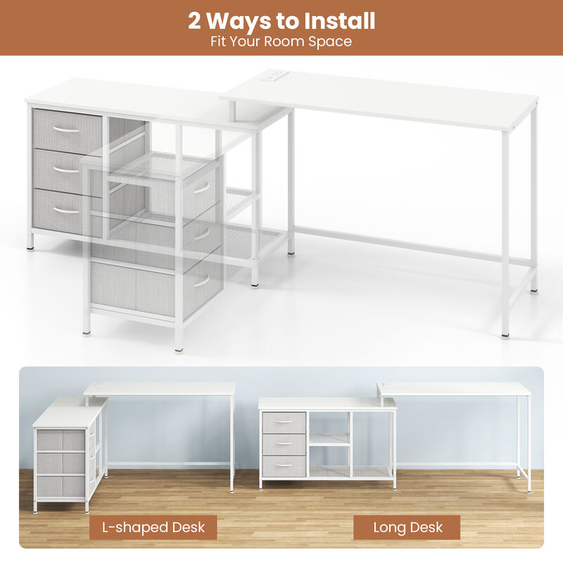 L-shaped Computer Desk with Power Outlet for Working Studying Gaming