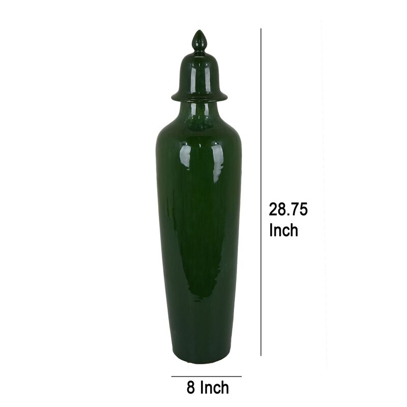 Jesi Accent Temple Jar with Lid, Decorative Green Ceramic, 29 Inch - Benzara