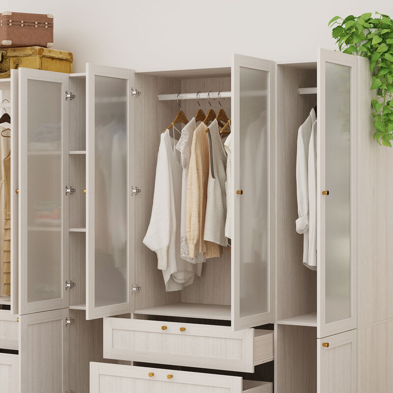 FUFU&GAGA Modern White Wardrobe with Frosted Glass Doors, Gold Accents, 4 Drawers, and Hanging Rail &ndash; Customizable L-Shape/U-Shape Closet System, (94.5" L x 19.9" W x 70.9" H),White
