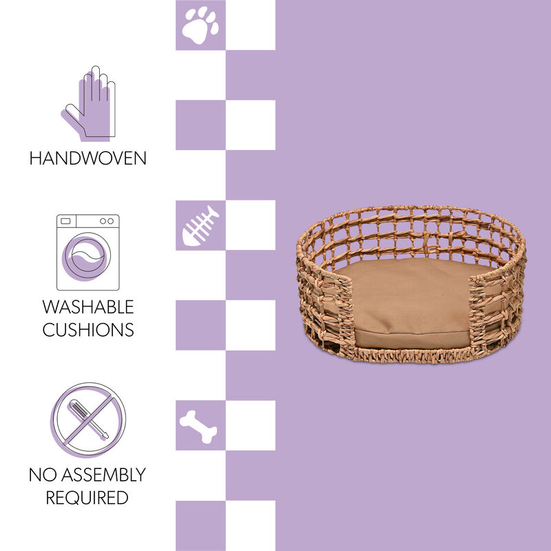 Gigi Modern Bohemian Handwoven Hyacinth Open-Weave Oval Pet Bed with Machine-Washable Cushion