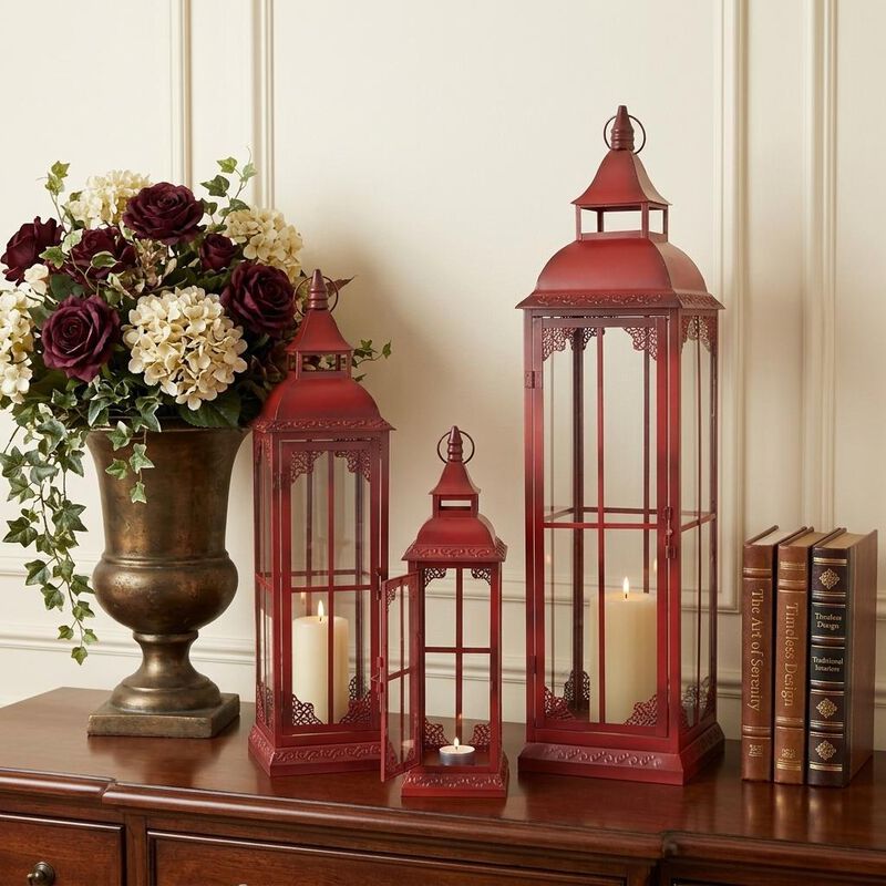 HomeRoots Set of Three Red Distressed Ornate Glass And Metal Floor Lantern Candle Holders image number 1