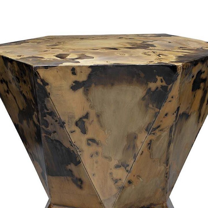 19 Inch Modern Side End Table, Hourglass Shape, Iron Patina Finish, Gold-Benzara