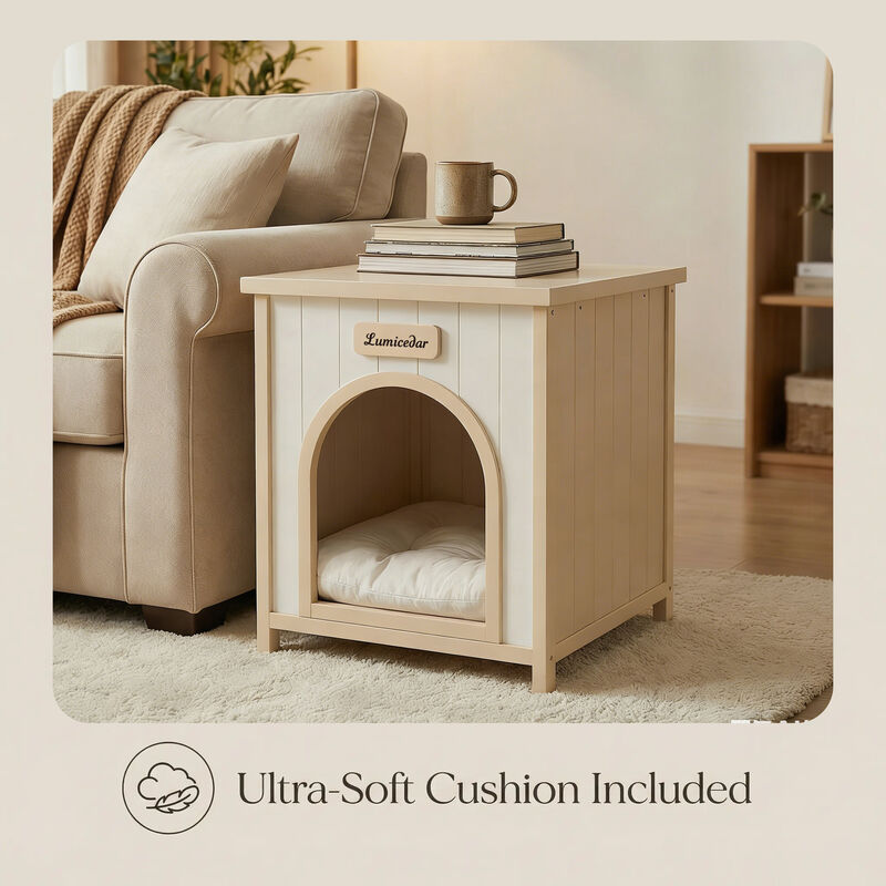 Cream Yellow Flat Roof Pet House, Solid Wood Indoor Shelter for Small Cats & Dogs image number 8