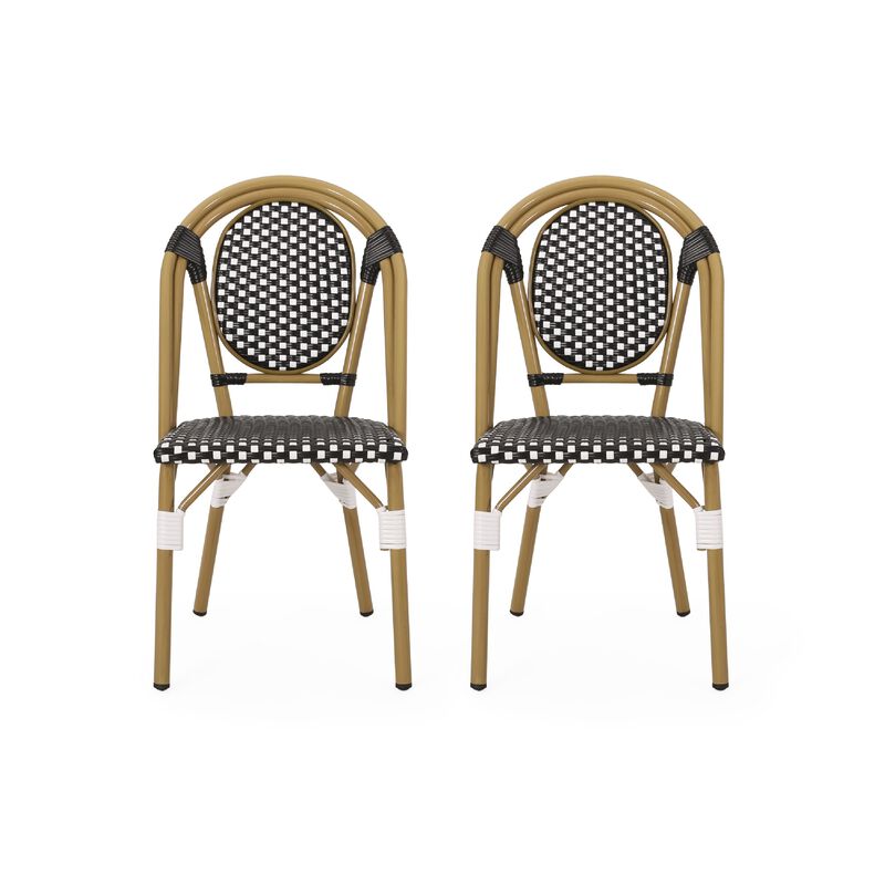 Bo Outdoor Bistro Chair Set of 2, White and Black Faux Rattan, Metal