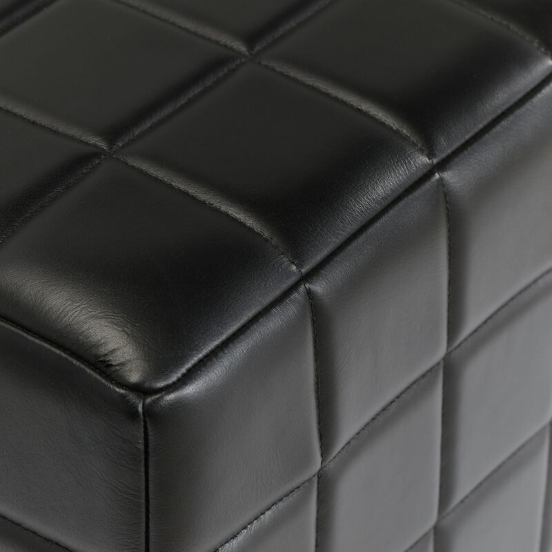 Isar Square Ottoman with Black Tufted Leather, Mango Wood 18 Inch - Benzara