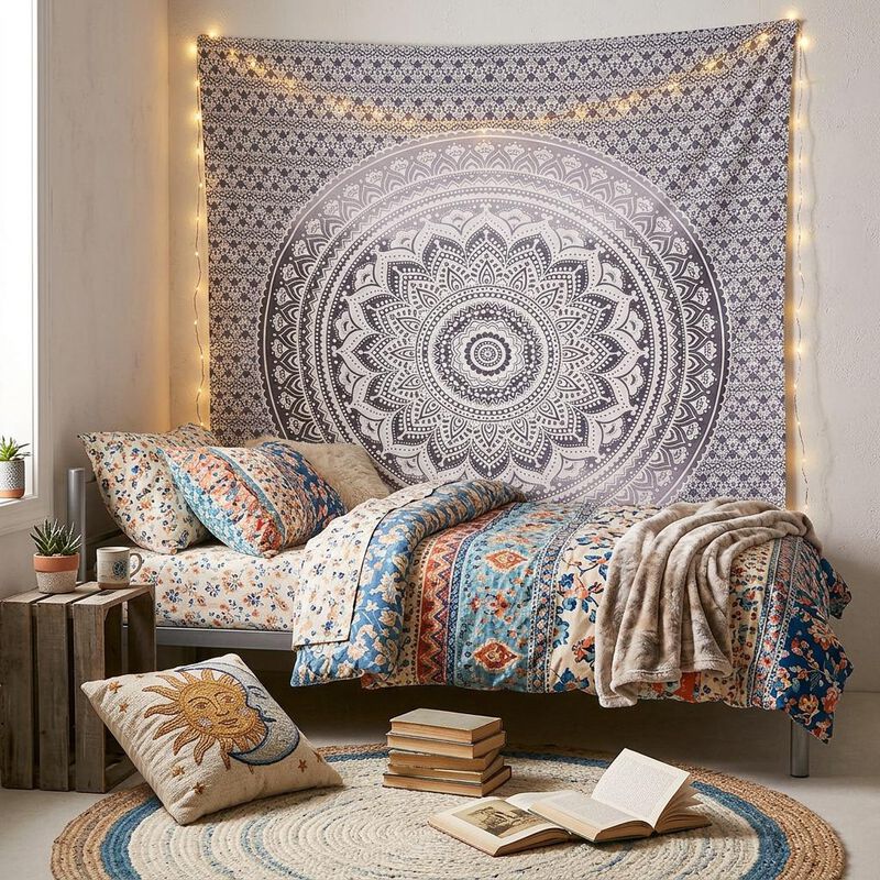 HomeRoots 92" X 84" Gray And White Mandala Cotton Hanging Tapestry image number 1