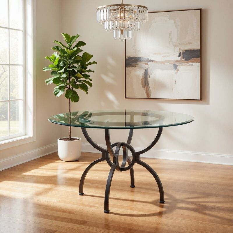 48 Inch Round Dining Table, Clear Glass Top, Interlocked Ring Motif Legs image number 1