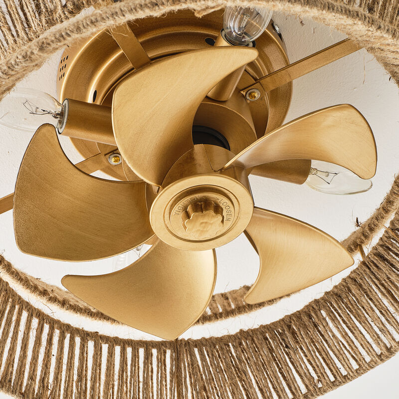 17.7" Bohemian Hemp Rope Antique Gold Caged Ceiling Fan with Light and Remote image number 8