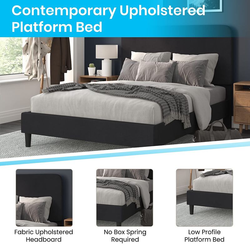 Flash Furniture Addison Platform Bed - Charcoal Fabric Upholstery - Queen - Headboard with Rounded Edges - Wood Slat Support - No Box Spring or Foundation Needed image number 2