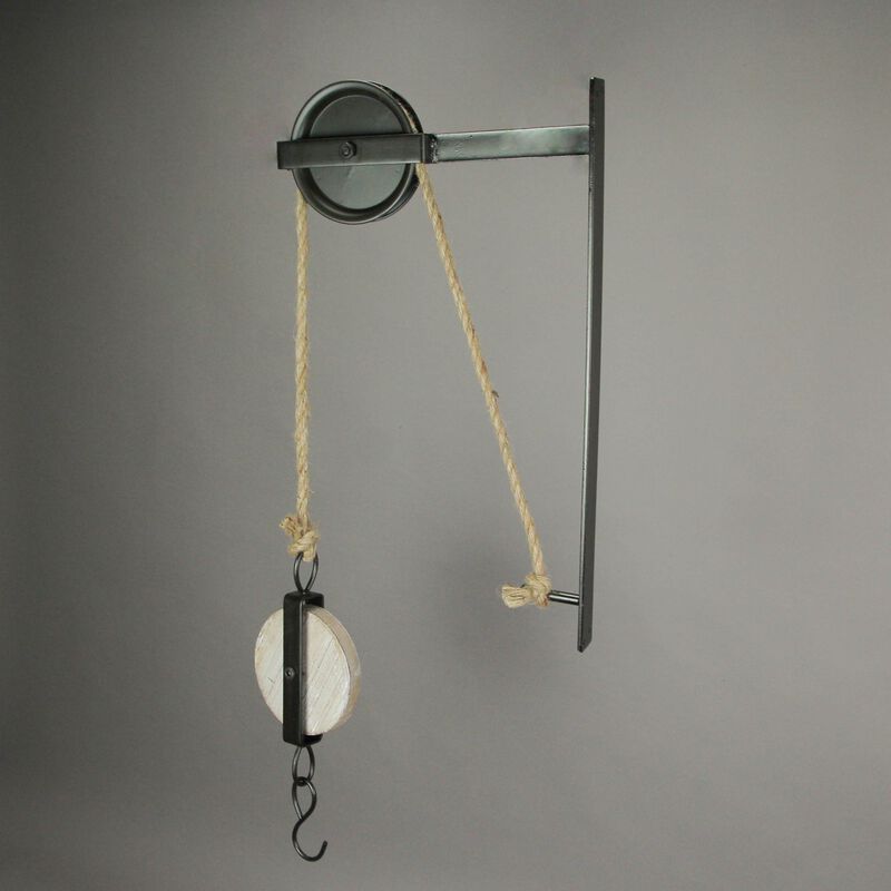 Rustic Vintage Style Metal And Wood Pulley And Hook Wall Hanging image number 4