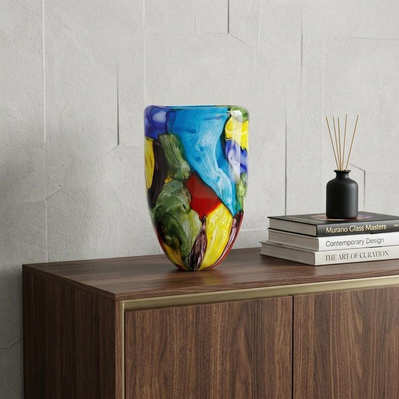 HomeRoots 11" Blue Green Red And Yellow Cylinder Murano Glass Table Vase image number 1