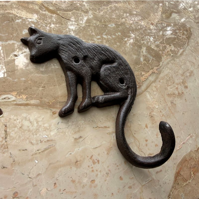 Set Of 3 Cast Iron Cat Wall Hooks Aged Brown Rustic 65 In Decorative image number 7