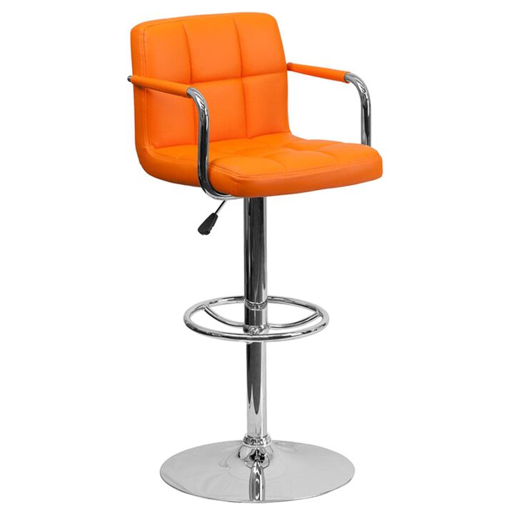 Flash Furniture Contemporary Quilted Vinyl Adjustable Height Barstool with Arms and Chrome Base, 1 Pack, Orange