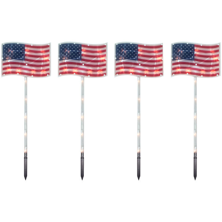 4ct Patriotic American Flag 4th of July Pathway Marker Lawn Stakes  Clear Lights