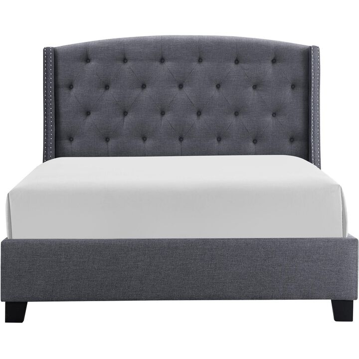 Elle Queen Size Bed, Low Profile, Gray Button Tufted Upholstered Headboard - Benzara