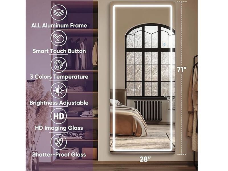 71" x 28" LED Full Length Mirror &ndash; Oversized Lighted Floor Decor