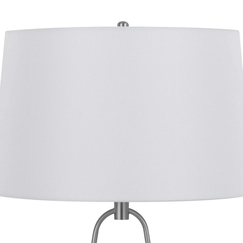 29 Inch Table Lamp, LED Lit, White Drum Hardback, Silver Metal and Glass - Benzara