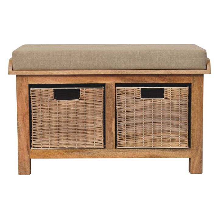 Artisan Furniture Solid Wood Rattan Basket Linen Bench