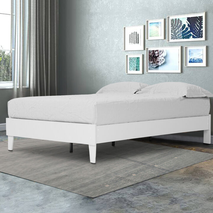 Lass Queen Size Bed, Platform Style, Modern Low Profile Frame, Clean White-Benzara