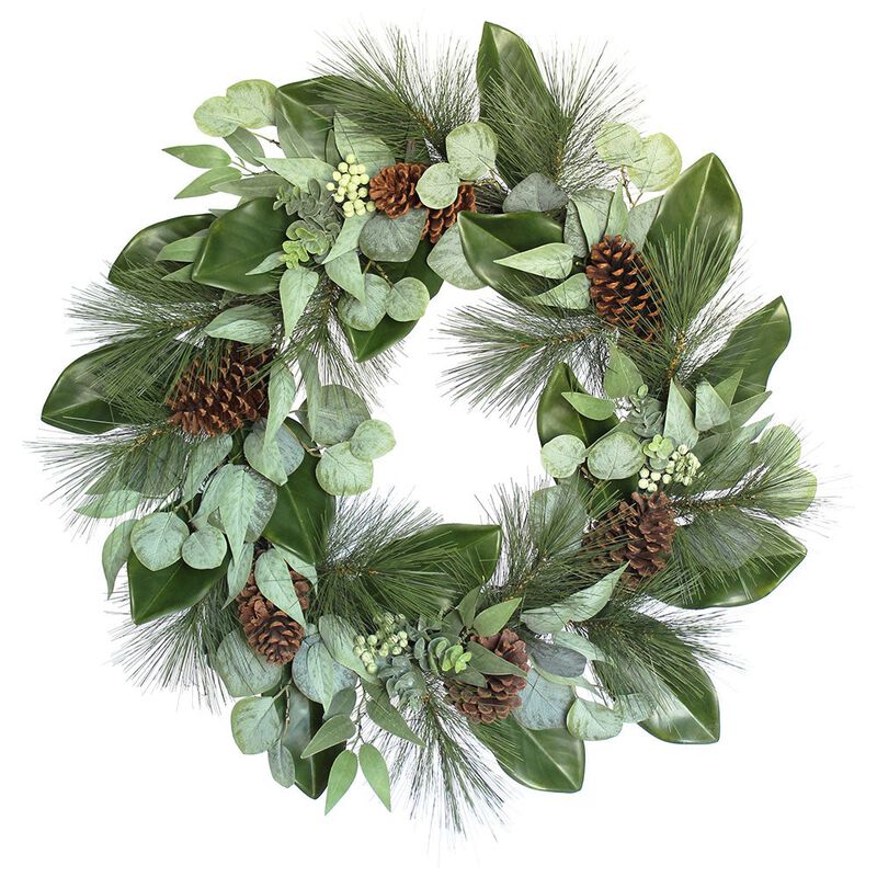 28" Magnolia, Eucalyptus, Pinecone, & Needle Pine Wreath image number 0