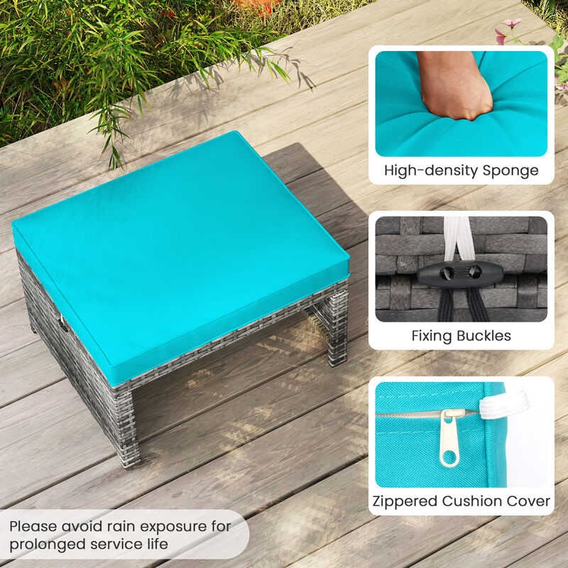 2 Pieces Patio PE Rattan Ottomans with Soft Zippered Cushions for Deck