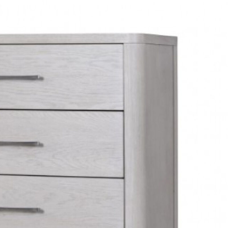 Reham Tall Dresser Chest, 5 Drawers, Pewter Handles, White Wash Brown - Benzara