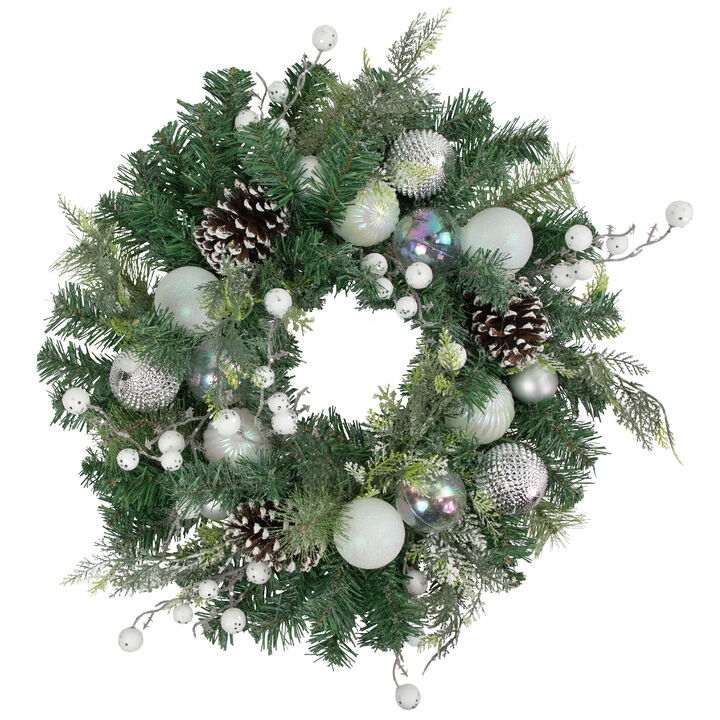 Green Pine Artificial Christmas Wreath with Berries and Iridescent Ornaments  24-Inch