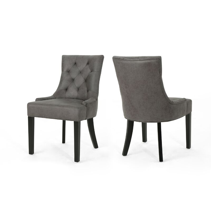 Chen Dining Chair Set of 2, Tufted Slate Gray Microfiber, Black Wood