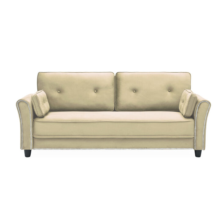 Sofa Armrest with nailhead Trim Backrest with Buttons Includes Two Pillows 79" Beige Velvet Living Room Apartment Sofa