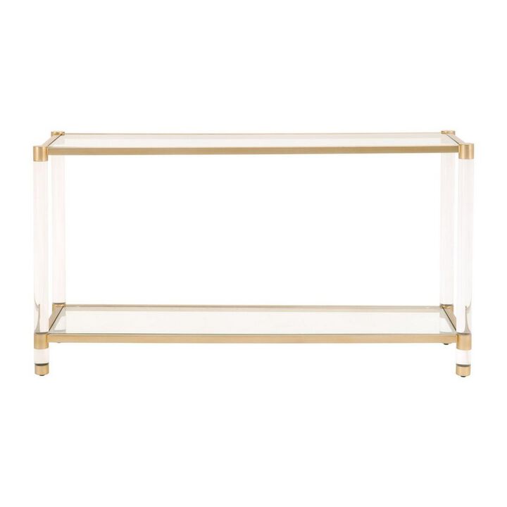 Metal Frame Glass Top Console Table with Acrylic Legs, Clear and Brass-Benzara