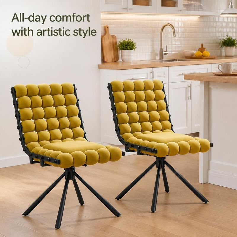 GOODSILO Set of Two Modern Tufted Puffy Bubble Velvet Dining Accent Swivel Chairs with Metal Legs for Dining Room and Kitchen image number 4