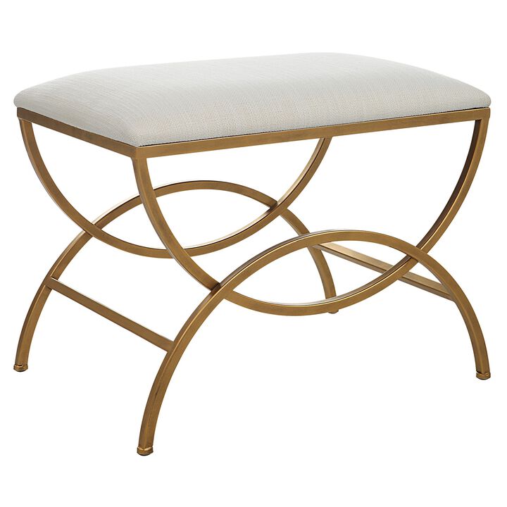 24 Inch Accent Stool, Cushioned, Double Arched, Off White Upholstery, Gold - Benzara