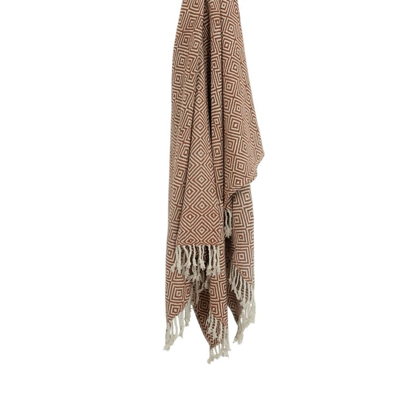 HomeRoots 50" X 60" Brown Cotton Woven Geometric Throw Blanket with Fringe image number 3