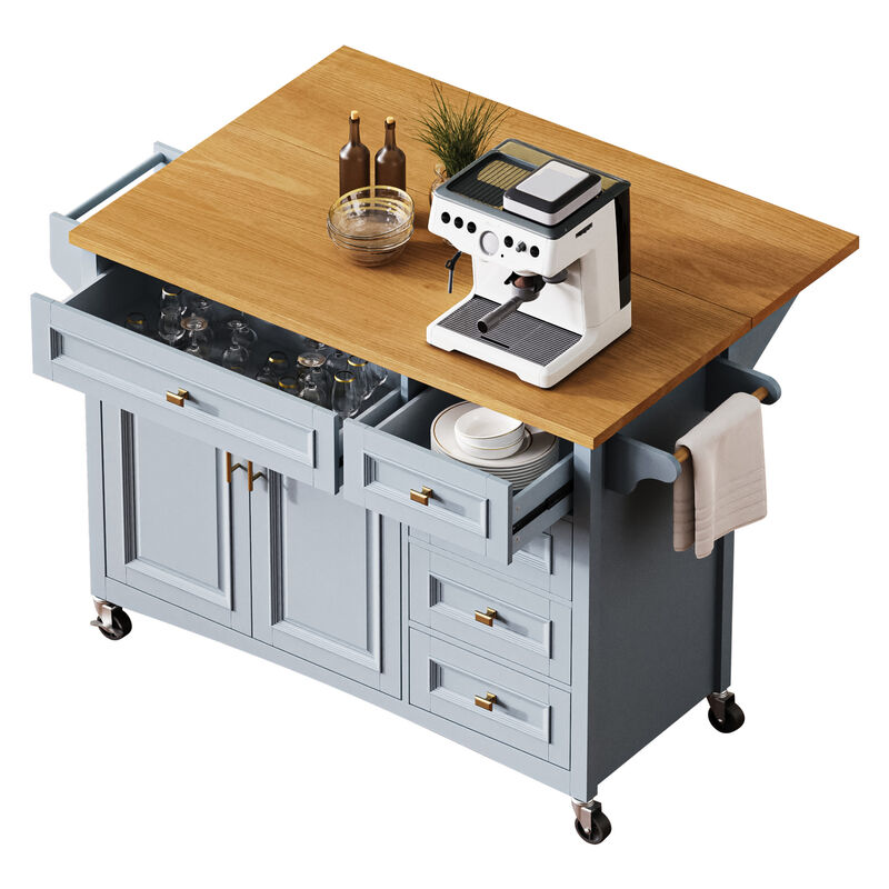 Whisen 52" Kitchen Island with Drop Leaf, 5 Drawers & 2 Doors, MDF & Oak Veneer, Retro Farmhouse Style for Kitchen image number 7