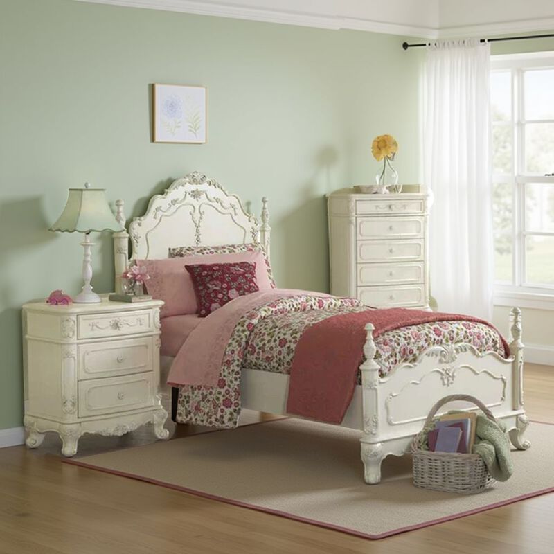 Prin 3 Pc Full Size Bedroom Set, Ornate Carvings, Antique White, Traditional image number 1