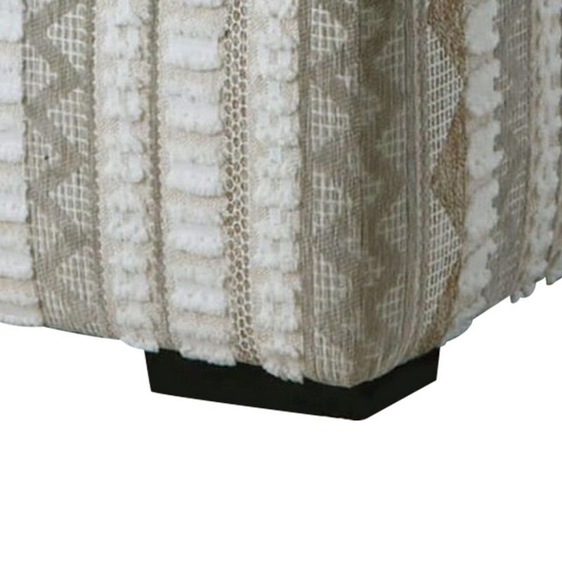 Phan Ottoman, Plush Ivory Chenille, Elegant Lined Pattern, 41 Inch - Benzara