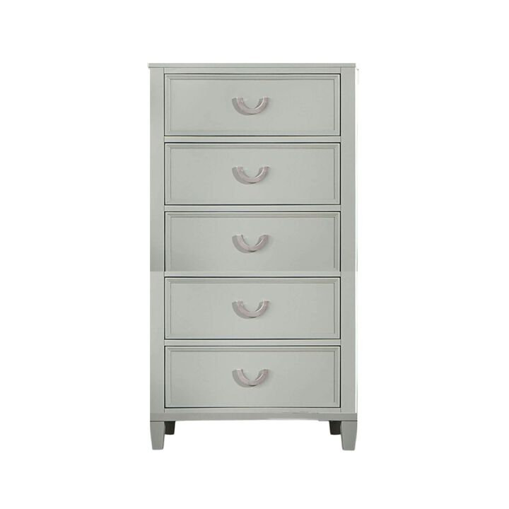 Roly Tall Dresser Chest, 5 Drawers, Chrome Hanging Handles, Gray Wood