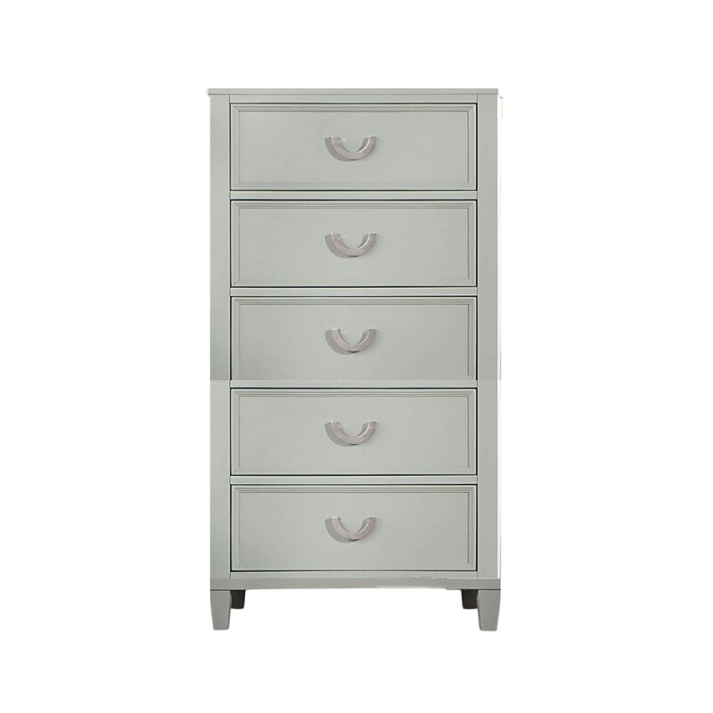 Roly Tall Dresser Chest, 5 Drawers, Chrome Hanging Handles, Gray Wood