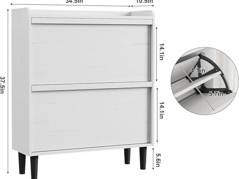 Entryway Wood Shoe Storage Cabinet Flip Drawer Adjustable Shelves White image number 2