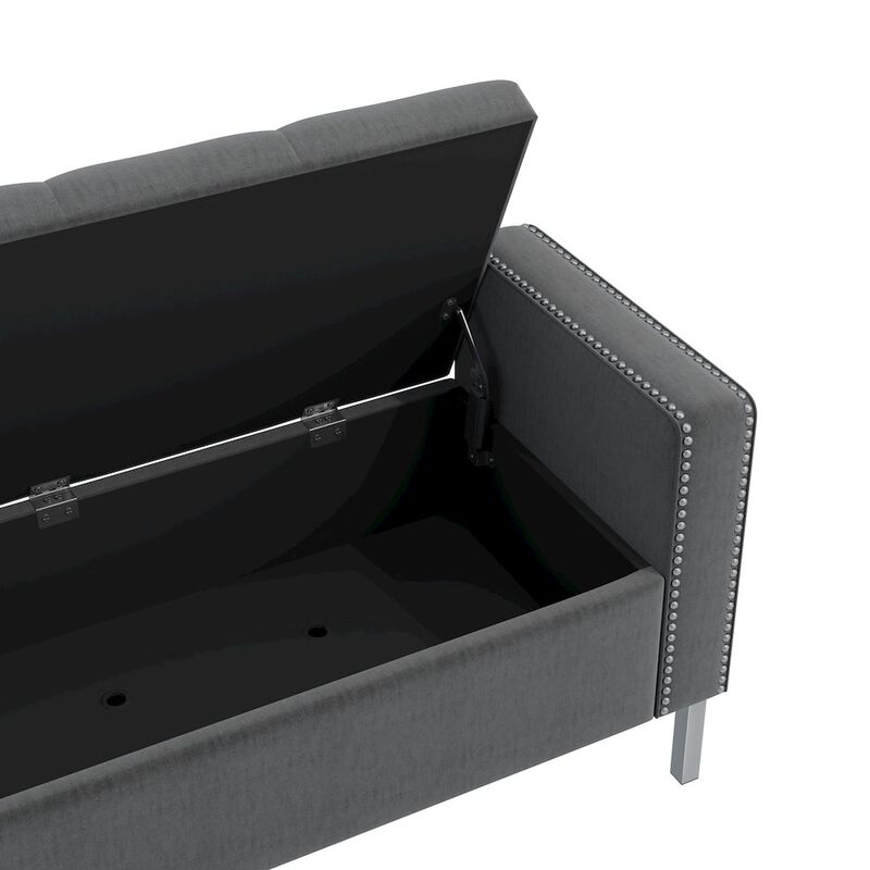 HL Home Furnishings Square Arm Tufted Storage Ottoman in Charcoal Gray Velvet