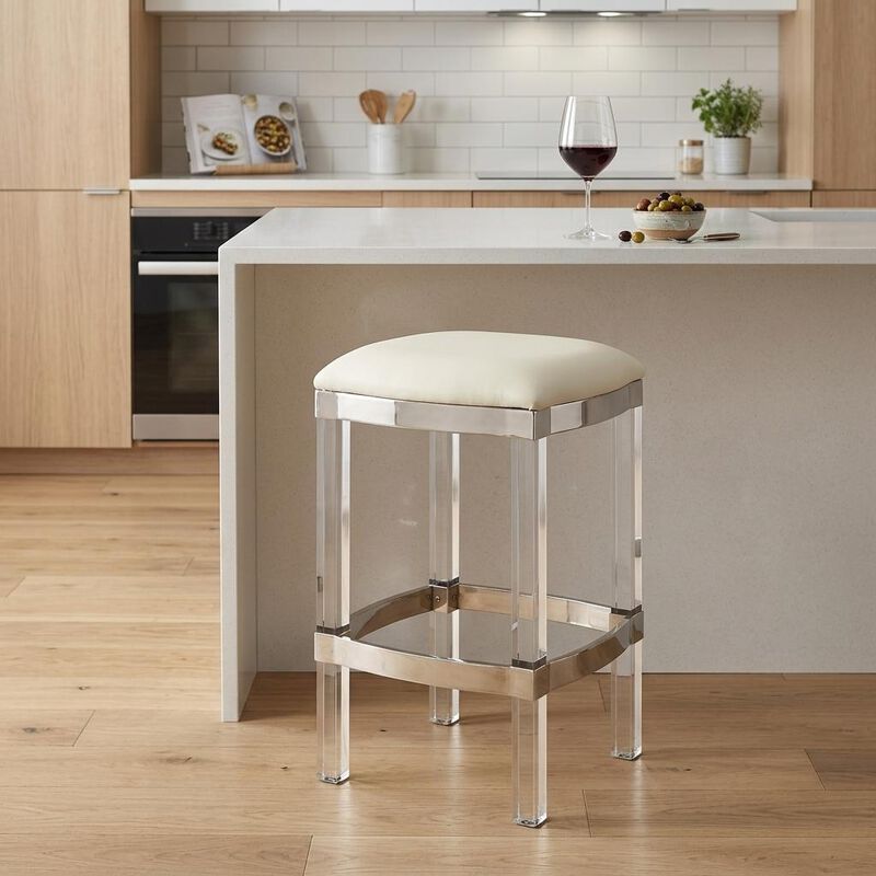 HomeRoots 24" White And Clear Faux Leather And Acrylic Backless Counter Height Bar Chair image number 1