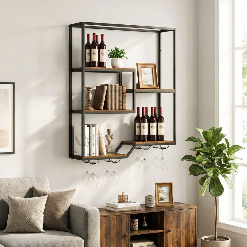 Rustic Brown 5-Tier Hanging Wine Rack with Bottle Shelf and Glass Holder image number 5
