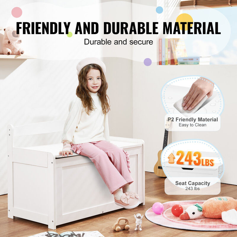 Wooden Toy Chest with Flip-Top Lid and Safety Hinge for Kids' Room or Playroom